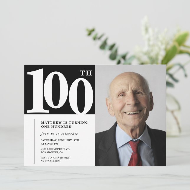Convites de aniversário de 100 anos Preto Modern C (Em pé/Frente)