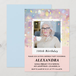 Convites de aniversário de 100 anos Rosa Confete F