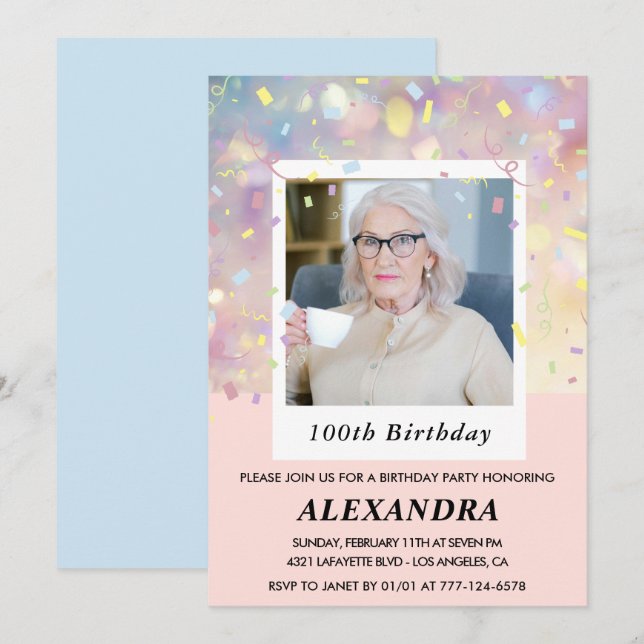 Convites de aniversário de 100 anos Rosa Confetes  (Frente/Verso)