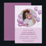 convites de aniversário de 10 anos Balões Foto Rox<br><div class="desc">convites de aniversário de 10 anos Balões Foto Roxo chique glamour brilho faiscar</div>