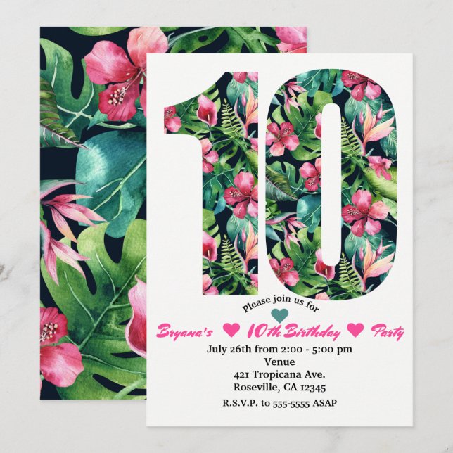 Convites de Aniversário de 10 anos com Floral Trop (Frente/Verso)