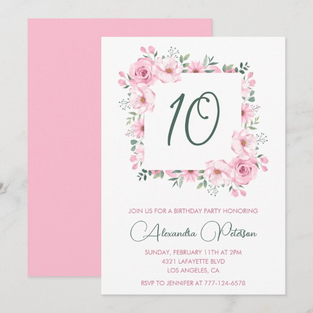 Convites de aniversário de 10 anos elegantes Flora (Frente/Verso)