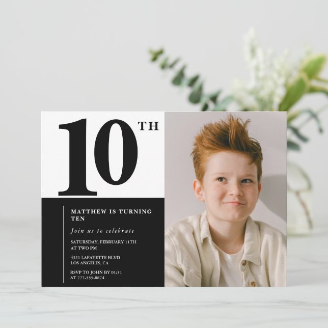Convites de aniversário de 10 anos Preto Elegantes (Em pé/Frente)