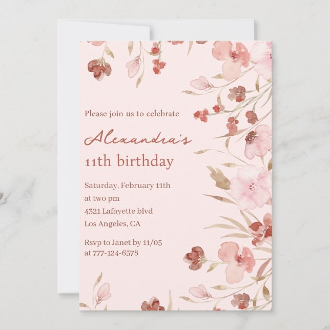 Convites de aniversário de 11 anos elegantes Flora (Frente)