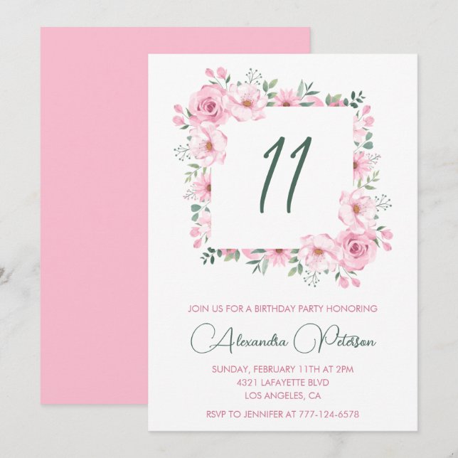 Convites de aniversário de 11 anos elegantes Flora (Frente/Verso)
