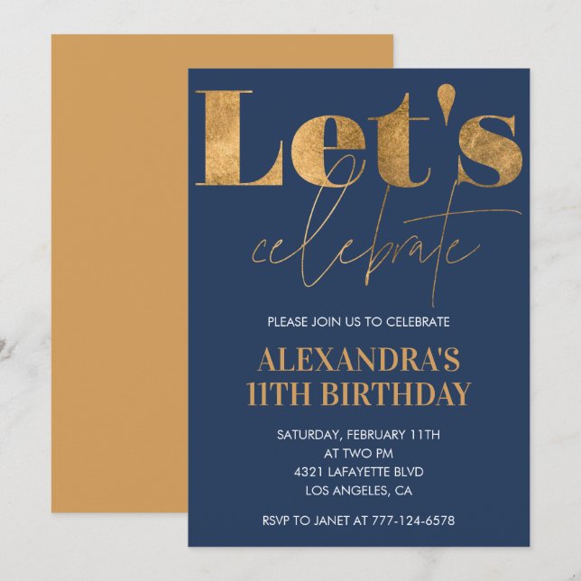 Convites de aniversário de 11 anos elegantes Navy  (Frente/Verso)