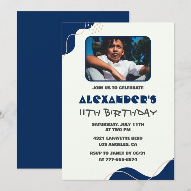 convites de aniversário de 11 anos Menino Navy Sim (Frente/Verso)