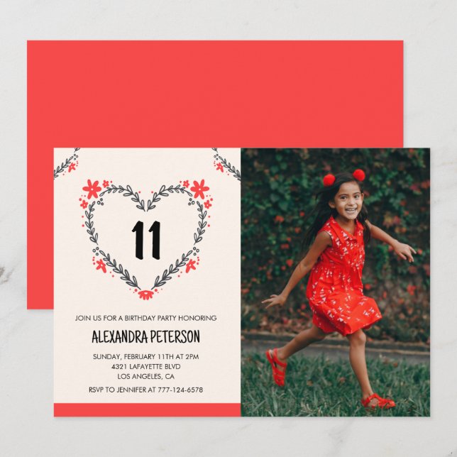 convites de aniversário de 11 anos para ela Floral (Frente/Verso)