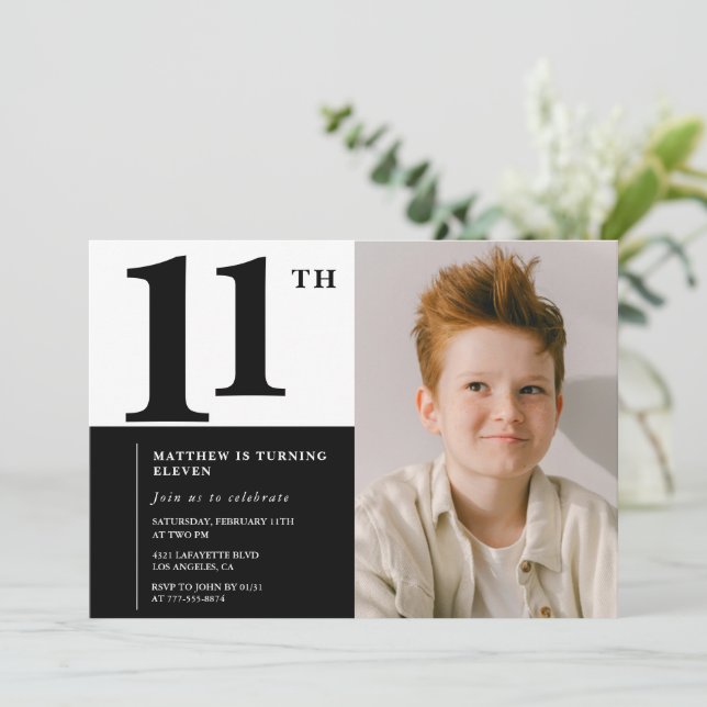 Convites de aniversário de 11 anos preto Elegante  (Em pé/Frente)