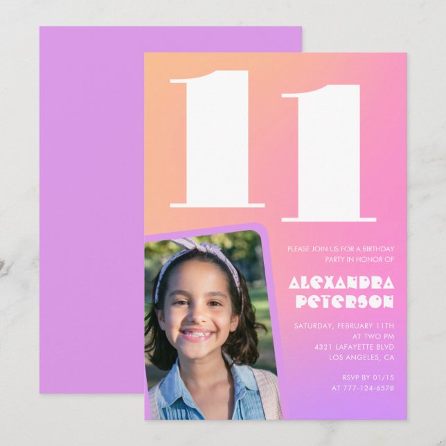 Convites de aniversário de 11 anos Rosa Laranja Re (Frente/Verso)