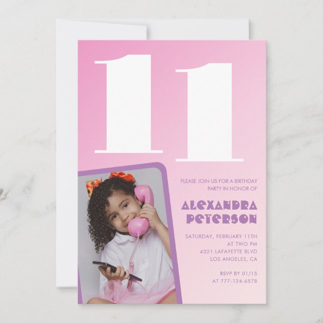 Convites de aniversário de 11 anos rosa Menina Fot (Frente)