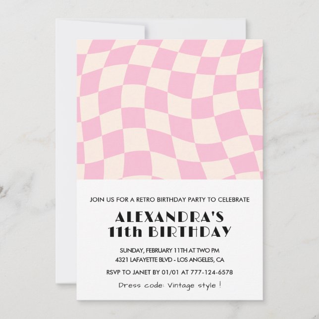 convites de aniversário de 11 anos Xadrez Retro Ro (Frente)