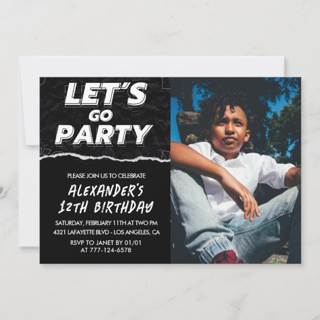 Convites de aniversário de 12 anos preto Menino Fo (Frente)