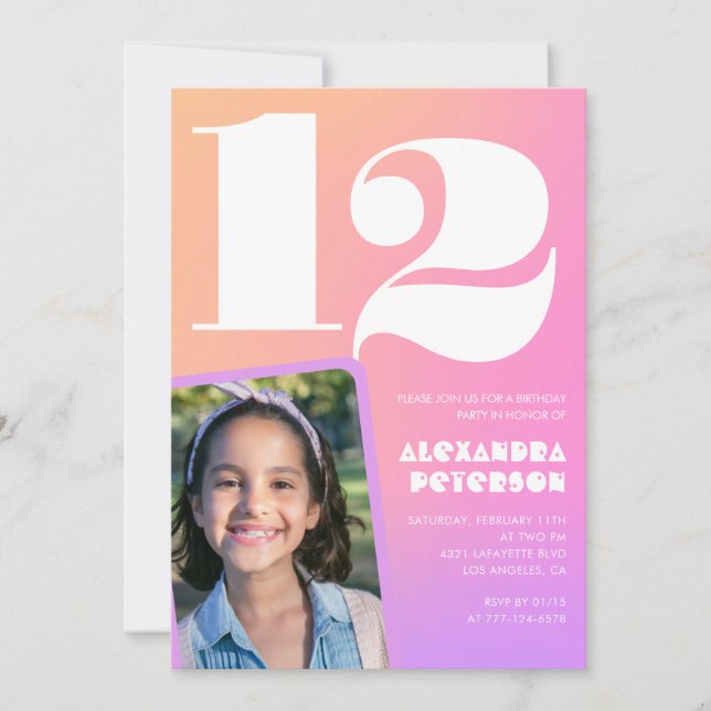 Convites de aniversário de 12 anos Rosa Laranja Re (Frente)