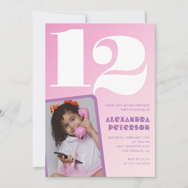 Convites de aniversário de 12 anos rosa Menina Fot (Frente)