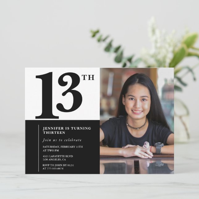 Convites de aniversário de 13 anos com foto Elegan (Em pé/Frente)