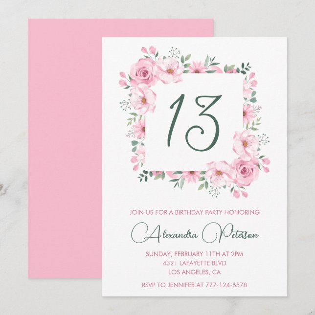 Convites de aniversário de 13 anos Elegantes Flora (Frente/Verso)