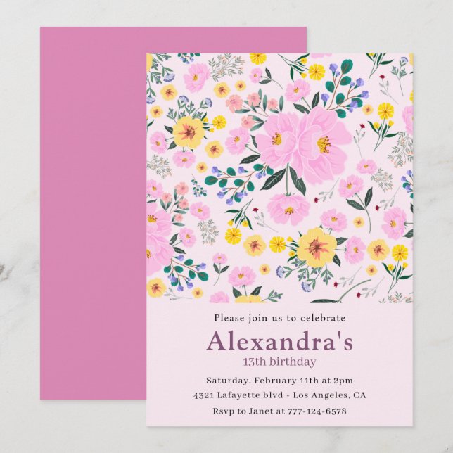 Convites de aniversário de 13 anos elegantes Rosa  (Frente/Verso)