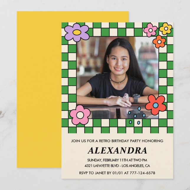 convites de aniversário de 13 anos Flores Retro Gr (Frente/Verso)