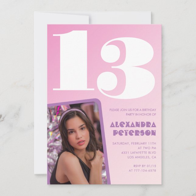 Convites de aniversário de 13 anos rosa Menina Fot (Frente)