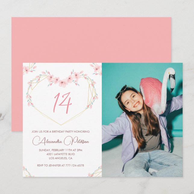 convites de aniversário de 14 anos Boho Floral Fot (Frente/Verso)