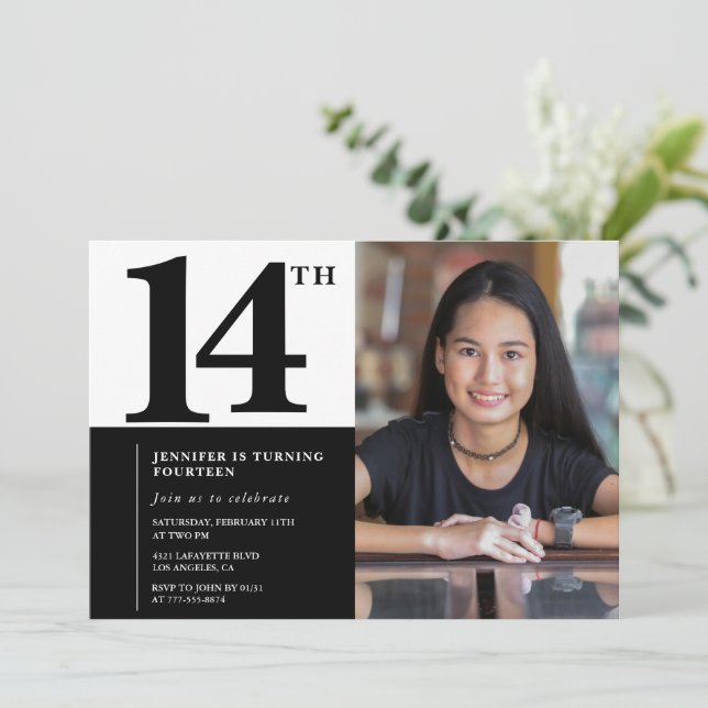 Convites de aniversário de 14 anos com foto Elegan (Em pé/Frente)