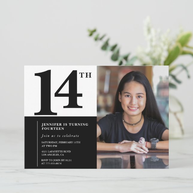 Convites de aniversário de 14 anos com foto Elegan (Em pé/Frente)