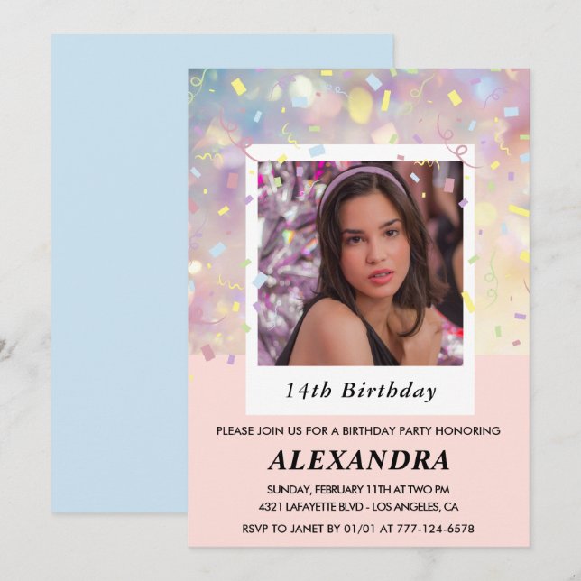 Convites de aniversário de 14 anos rosa Confete Fo (Frente/Verso)