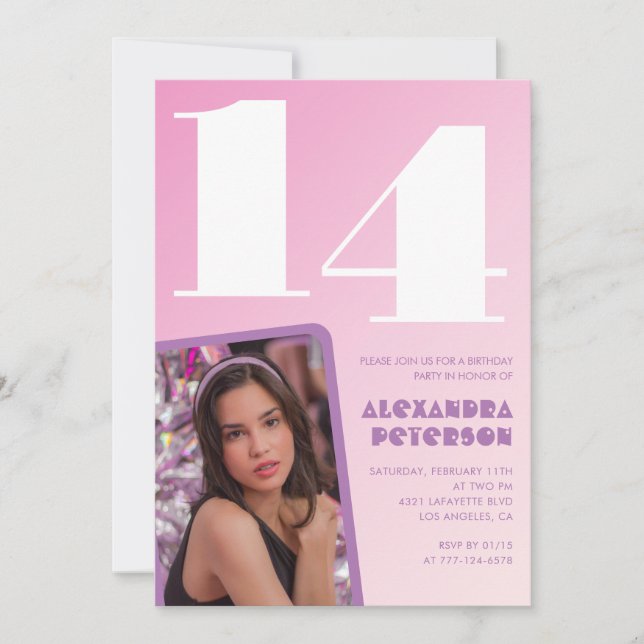 Convites de aniversário de 14 anos rosa Menina Fot (Frente)