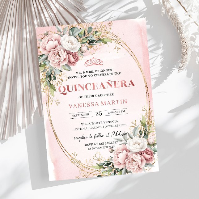 Convites de Aniversário de 15 Anos com Flores Rosa (Dusty Pink Flowers Greenery 15th Birthday Invitation)