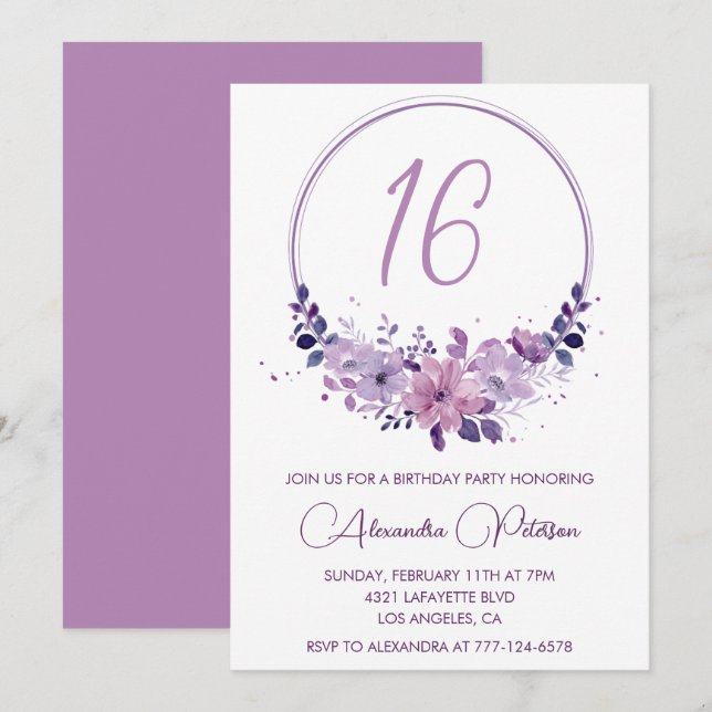 Convites de aniversário de 16 anos elegantes Flora (Frente/Verso)