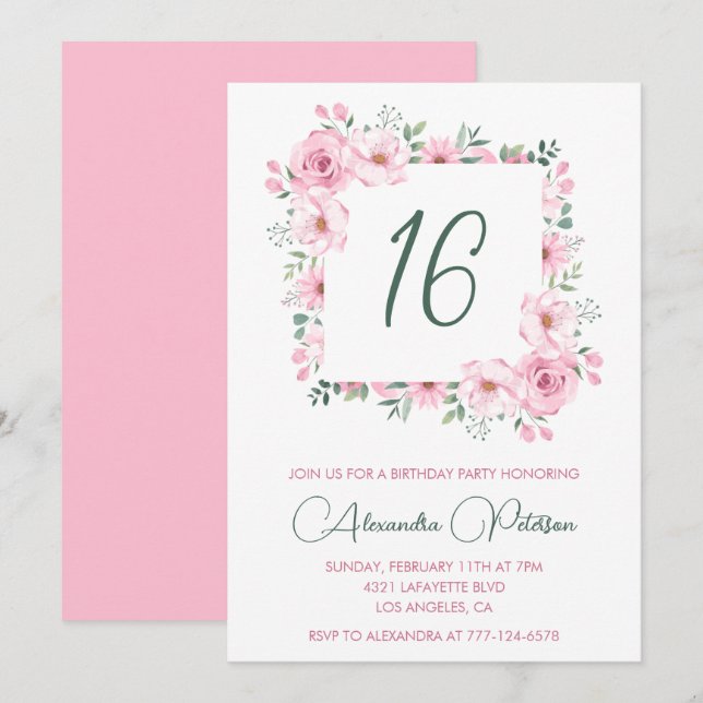 Convites de aniversário de 16 anos elegantes Flora (Frente/Verso)