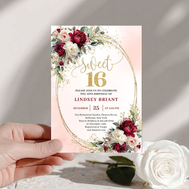 Convites de Aniversário de 16 anos Glam Boho Merlo (Glam Boho Merlot Gold Floral 16th Birthday Invitation)