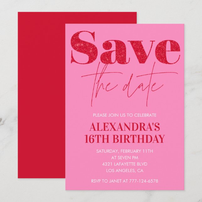 Convites de aniversário de 16 anos rosa Salve a da (Frente/Verso)