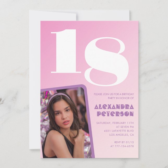Convites de aniversário de 18 anos rosa Foto retrô (Frente)