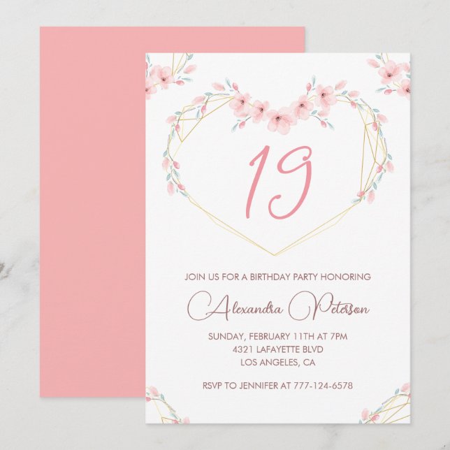 convites de aniversário de 19 anos Boho Floral Ros (Frente/Verso)