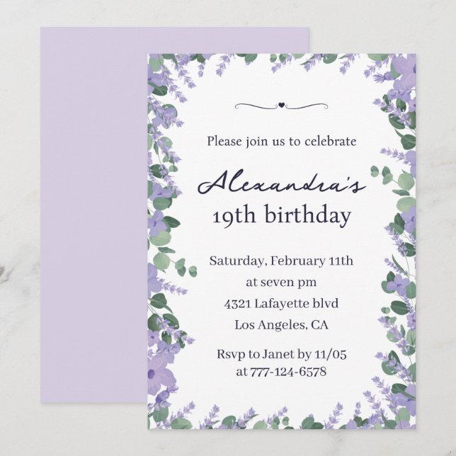 Convites de aniversário de 19 anos elegantes Flora (Frente/Verso)