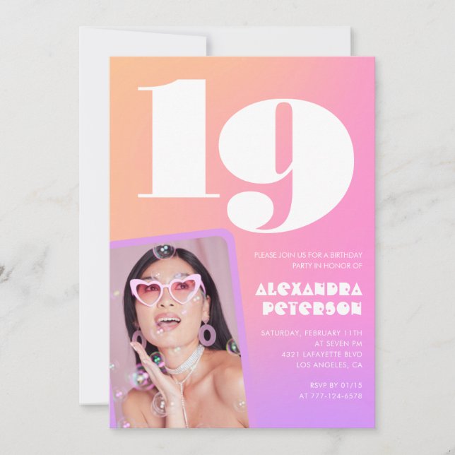 Convites de aniversário de 19 anos rosa para ela F (Frente)