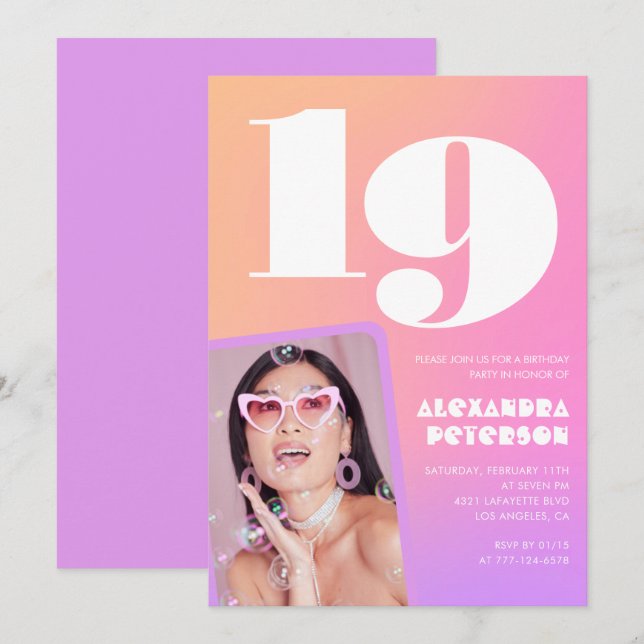 Convites de aniversário de 19 anos rosa para ela F (Frente/Verso)