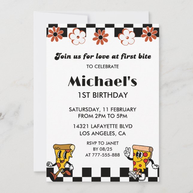 Convites de Aniversário de 1 ano com Pizza | Festa (Frente)