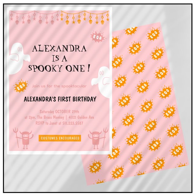 Convites de aniversário de 1 ano fantasmagóricos d (Halloween-1st-birthday-invitations-Spooktacular-pink-1)