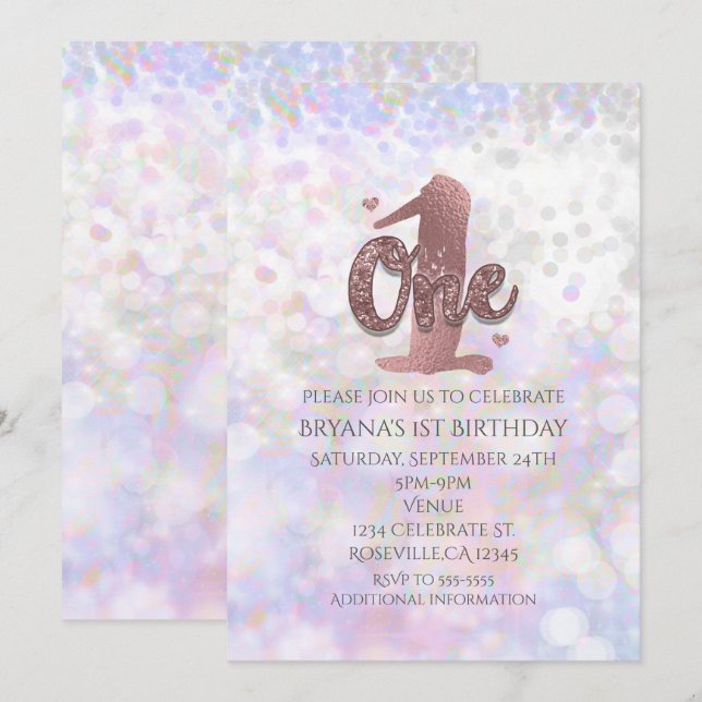 Convites de Aniversário de 1 Ano Iridescente Brilh (Frente/Verso)