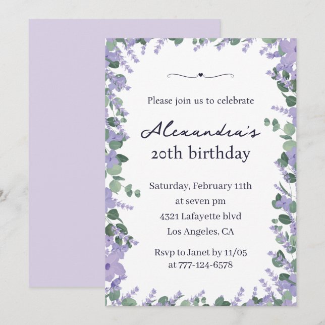 Convites de aniversário de 20 anos elegantes Flora (Frente/Verso)