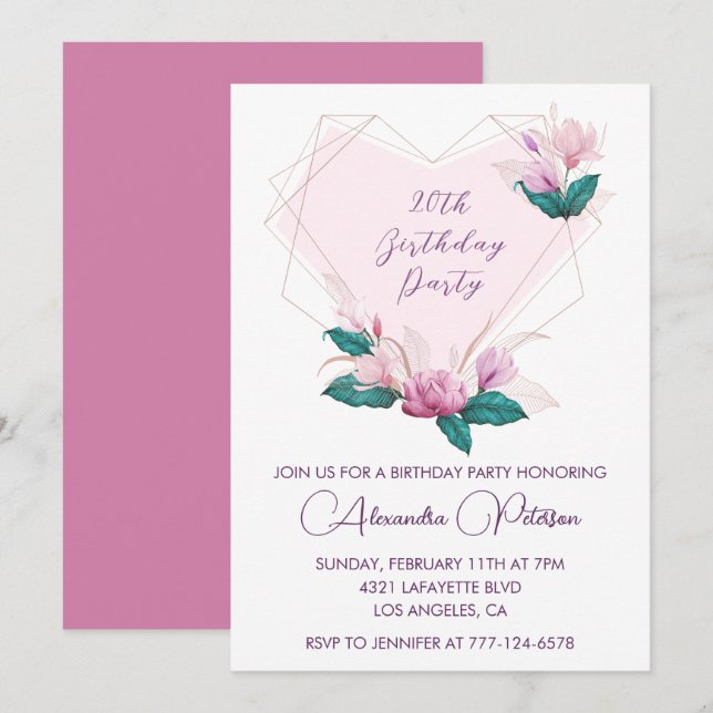 Convites de aniversário de 20 anos elegantes Flora (Frente/Verso)