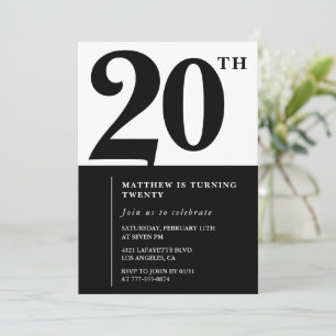 convites de aniversário de 20 anos Preto e Branco 