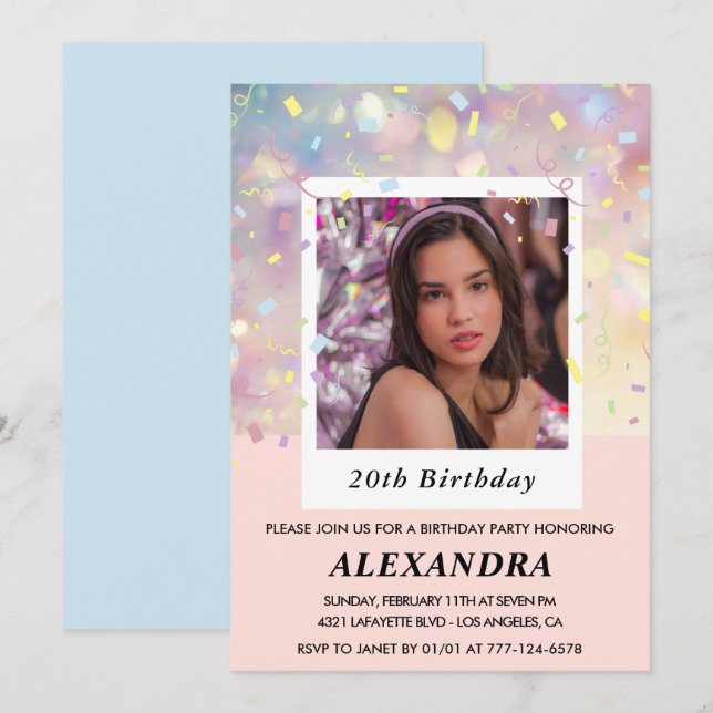 Convites de aniversário de 20 anos rosa Confete Fo (Frente/Verso)