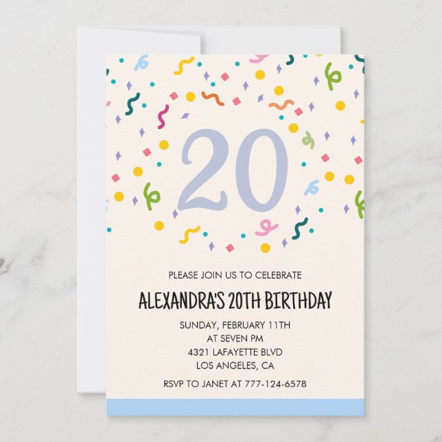 Convites de aniversário de 20 anos simples Confete (Frente)