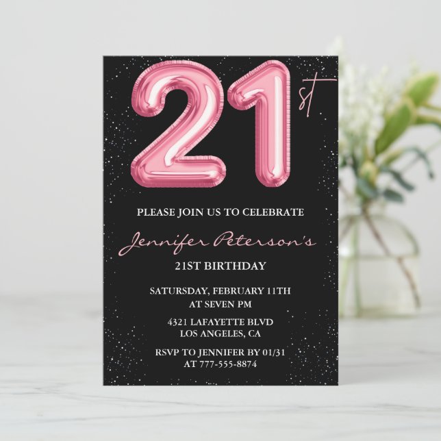 convites de aniversário de 21 anos Balão Rosa Glam (Em pé/Frente)