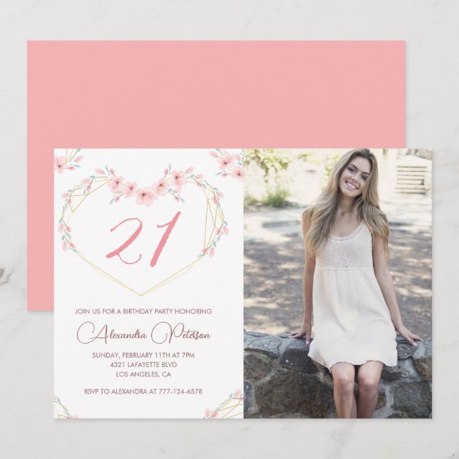 convites de aniversário de 21 anos Boho Floral Fot (Frente/Verso)
