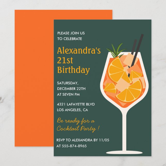 convites de aniversário de 21 anos Coquetel Elegan (Frente/Verso)